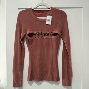 Guess Women's Mauve Lace-Up Ribbed Blouse